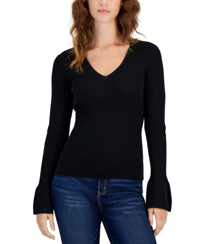 Hooked Up By Iot Juniors' V-neck Bell-sleeve Sweater In Black