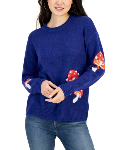 Hooked Up By Iot Juniors' Mushroom Printed Crewneck Sweater In Bright Cobalt Mushroom