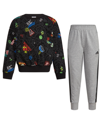Adidas Originals Toddler Boys Long Sleeve Printed Crewneck Pullover And Joggers, 2 Piece Set In Black With Multicolor