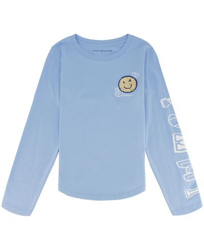 Tommy Hilfiger Big Girls Flip-sequin Smiley Long Sleeve T-shirt In Light Blue
