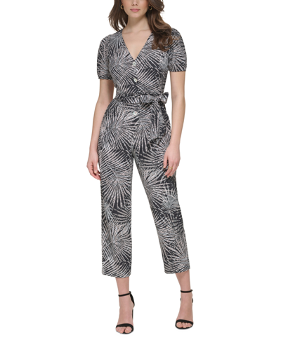 Kensie Women's V-neck Short-sleeve Button-front Jumpsuit In Black Multi