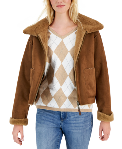 Tommy Hilfiger Women's Faux-fur Wide-collar Cropped Jacket In Cognac