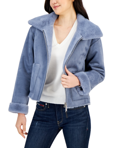 Tommy Hilfiger Women's Faux-fur Wide-collar Cropped Jacket In Blue