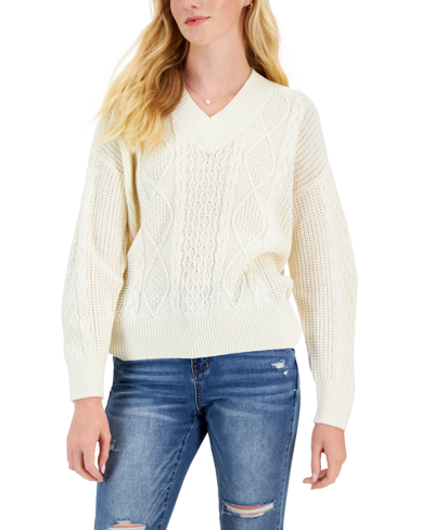 Hippie Rose Juniors' V-neck Cable-knit Sweater In Blizzard White