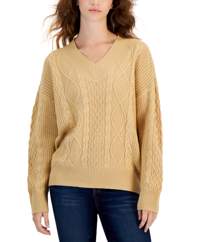 Hippie Rose Juniors' V-neck Cable-knit Sweater In Vintage Wheat