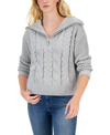 HIPPIE ROSE JUNIORS' CHENILLE COLLARED QUARTER-ZIP CABLE-KNIT SWEATER