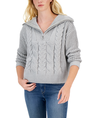 Hippie Rose Juniors' Chenille Collared Quarter-zip Cable-knit Sweater In Light Heather Grey