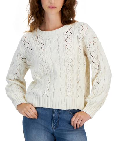 Hippie Rose Juniors' Crewneck Cozy Chenille Cable-knit Sweater In Blizzard White