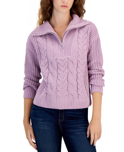 Hippie Rose Juniors' Chenille Collared Quarter-zip Cable-knit Sweater In Lilac Moon