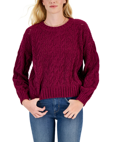 Hippie Rose Juniors' Crewneck Cozy Chenille Cable-knit Sweater In Passion Plum
