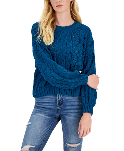 Hippie Rose Juniors' Crewneck Cozy Chenille Cable-knit Sweater In Nightfall