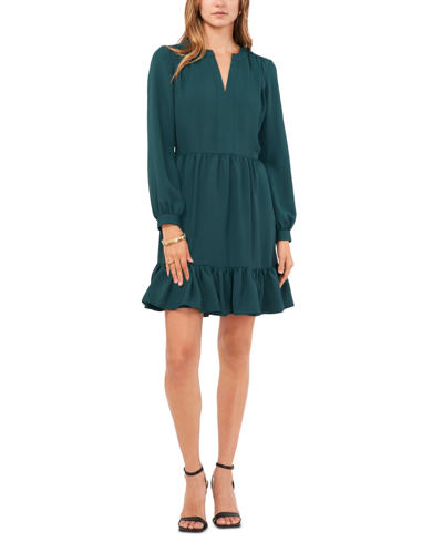 Vince Camuto Women's Solid Long Sleeve Split Neck Tiered Baby Doll Dress In Deep Forest