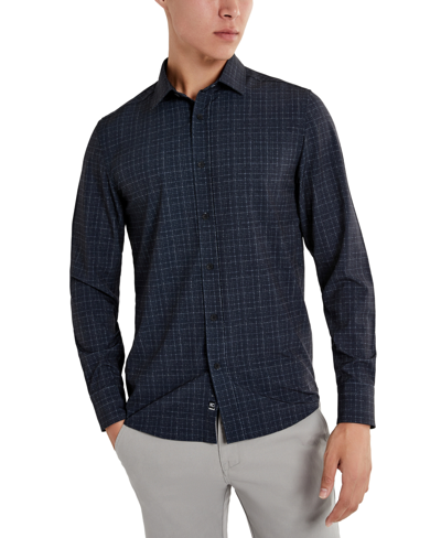 Kenneth Cole Men's Slim Fit Performance Shirt In Scratched Plaid Black Pattern