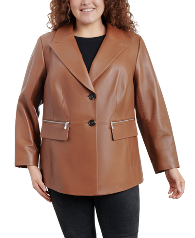 Anne Klein Women's Plus Size Zip-pocket Leather Blazer Coat In Luggage