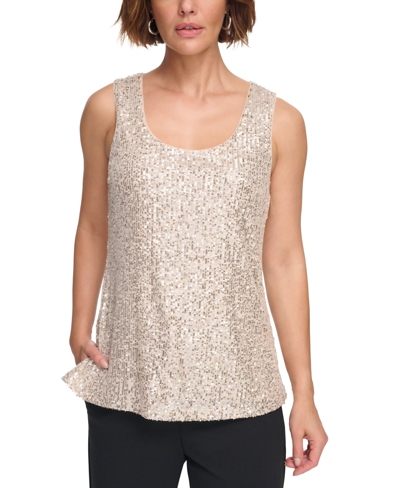 Dkny Petite Sequin-covered Scoop-neck Tank Top In Champagne