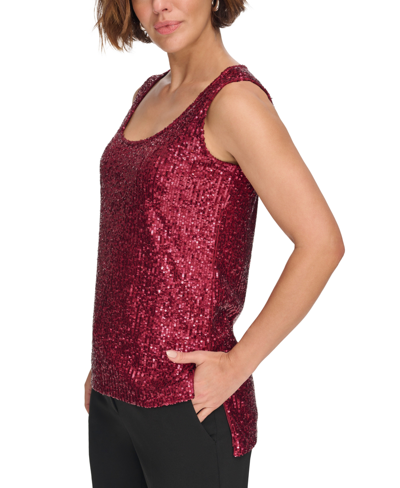 Dkny Petite Sequin-covered Scoop-neck Tank Top In Cabernet