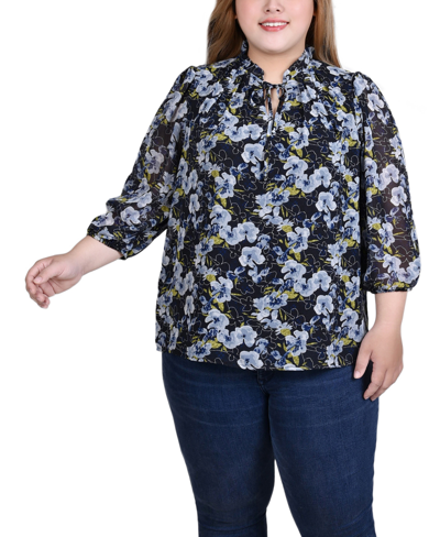 Ny Collection Plus Size 3/4 Sleeve Chiffon Blouse In Black Lace Floral