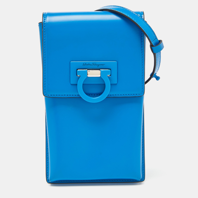 Pre-owned Ferragamo Blue Leather Trifolio Phone Holder Crossbody Bag