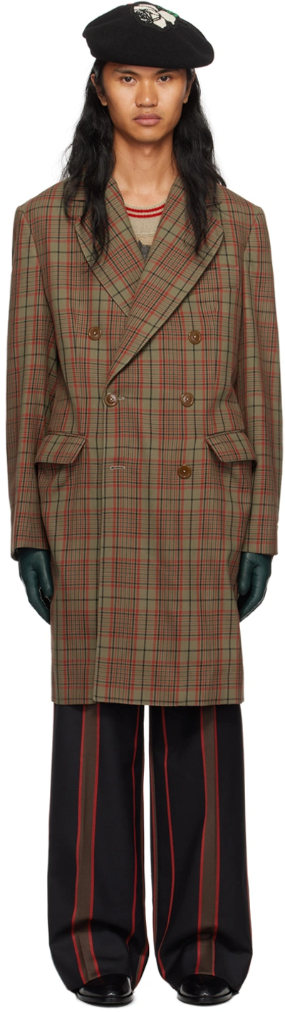 Vivienne Westwood Khaki & Red Check Coat In 233-w00mm-m203si
