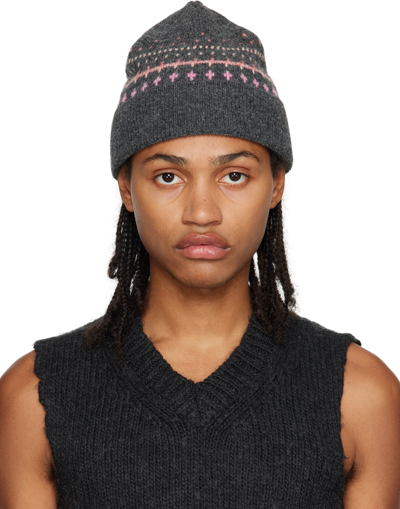 Our Legacy Gray Faux Isle Knit Beanie In Slate Grey Faux Isle