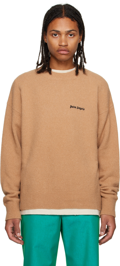 PALM ANGELS BROWN EMBROIDERED SWEATER