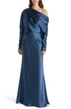 AMSALE PLEATED ONE-SHOULDER LONG SLEEVE SATIN GOWN