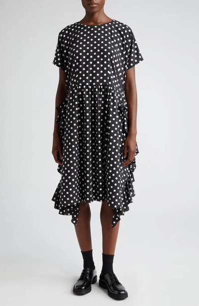 Comme Des Garçons Polka-dot Print Ruffle-detailing Dress In Black