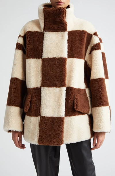 Stand Studio Dani Checkerboard-pattern Faux-fur Jacket In White,brown