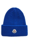 Moncler Bell Logo Patch Virgin Wool & Cashmere Beanie In Bright Blue