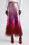 VALENTINO GRADIENT SEQUIN FEATHER DETAIL MIDI SKIRT