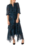 Taylor Dresses Floral Balloon Sleeve Handkerchief Hem Chiffon Dress In Victorian Peacock