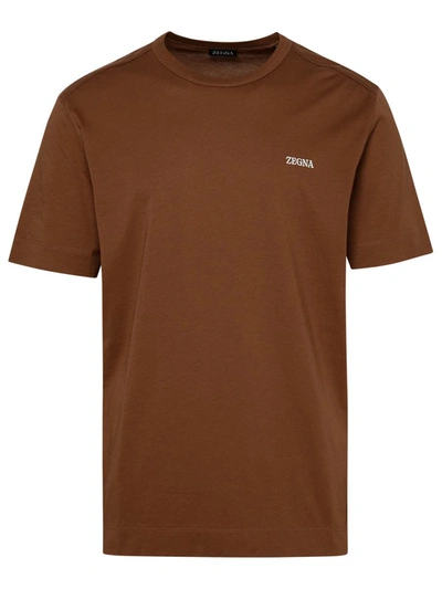 Ermenegildo Zegna Logo Cotton T-shirt In Brown