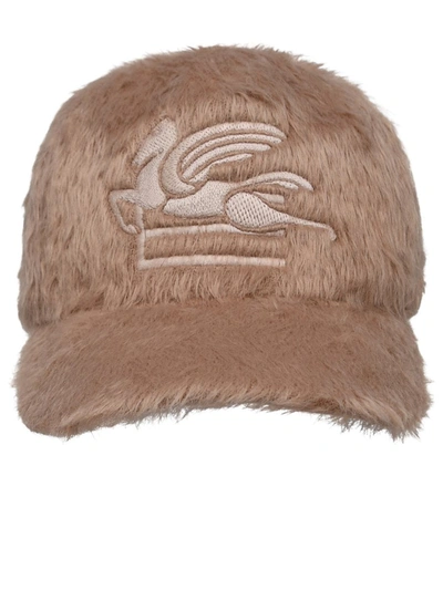 Etro Logo Embroidery Fur Cap In Beige