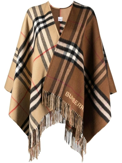 Burberry Checked Fringed Cape In Beige