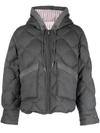 Thom Browne Wool Twill Patch Hooded Pocket Downfilled Down Jacket In Grey