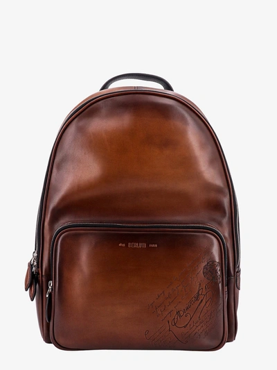 Berluti Men's Time Off Scritto Swipe Leather Backpack In Brown