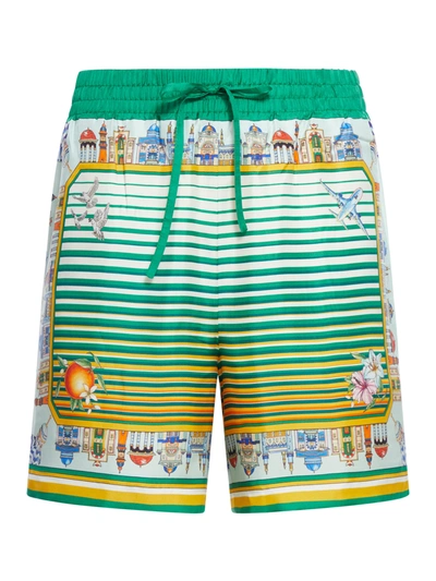 Casablanca Cityscape Print Silk Drawstring Shorts In Green