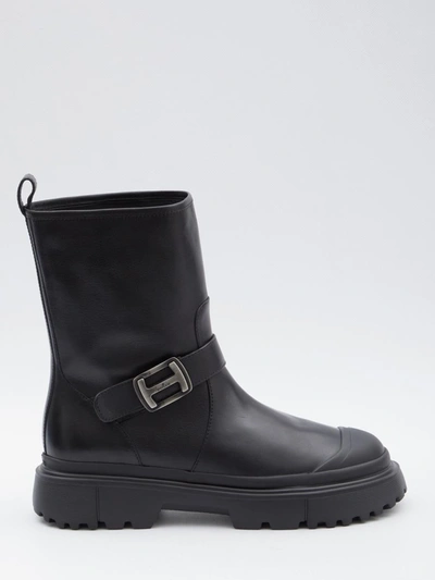 Hogan Black Black H619 Leather Biker Boots