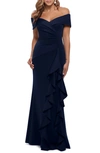 Xscape Ruffled Off-the-shoulder Gown In Midnight