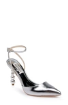 Badgley Mischka Indie Ii Ankle Strap Pointed Toe Pump In Silver Metallic Leather