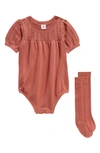 Nordstrom Pointelle Bubble Romper & Socks In Pink Brick