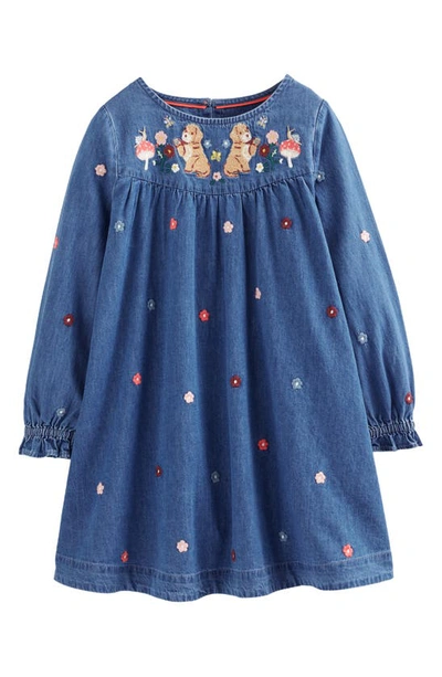 Mini Boden Kids' Logo Woven Embroidered Dress Mid Vintage Denim Girls Boden