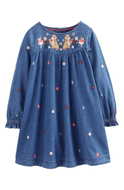 Mini Boden Kids' Logo Woven Embroidered Dress Mid Vintage Denim Girls Boden  | ModeSens