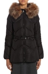 Moncler Loriot Belted Puffer Jacket With Faux Fur Ruff In Black