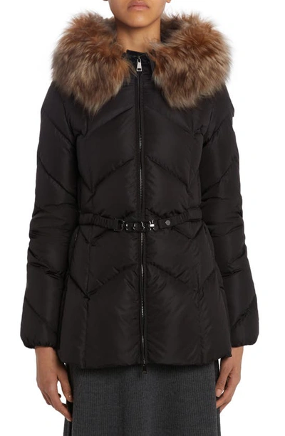 Moncler Loriot Belted Puffer Jacket With Faux Fur Ruff In Black