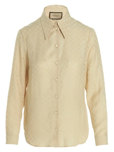 Gucci Gg Silk Crepe Shirt In Beige