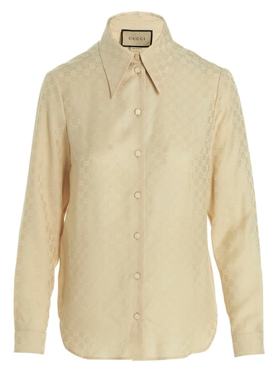 Gucci Gg Supreme-jacquard Silk Shirt In Beige