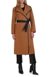 Tahari Juliette Womens Wool Blend Faux Leather Trim Wool Coat In Camel