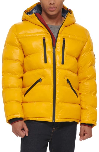 Tommy Hilfiger Pearlized Water Resistant Hooded Puffer Jacket In Yellow
