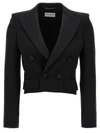 Saint Laurent Cropped Satin-trimmed Grain De Poudre Wool Jacket In Black